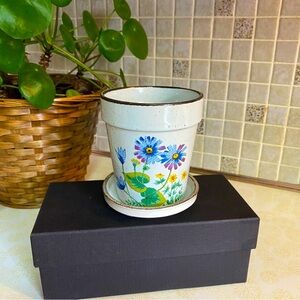 Vintage Speckled Stoneware small flower pot and saucer made in Japan